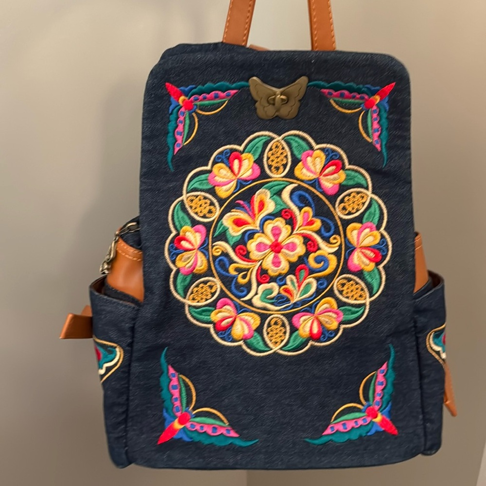 Jursccu Denim Embroidered Floral Canvas Backpack for Women Gently Used great con